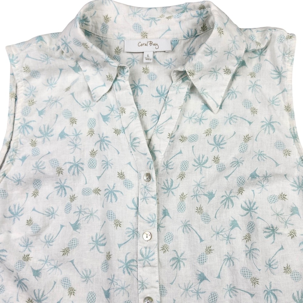 Coral Bay Button Up Linen Blend Women L White Pineapple Sleeveless Tropical